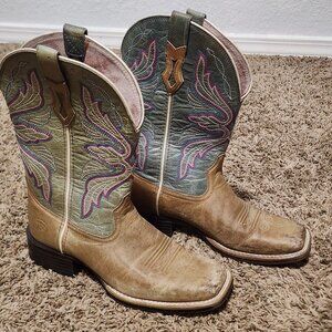 Women's Fatbaby Ariat Teal Tan Western Cowgirl Boots 6.5 Mid Calf Square Toe